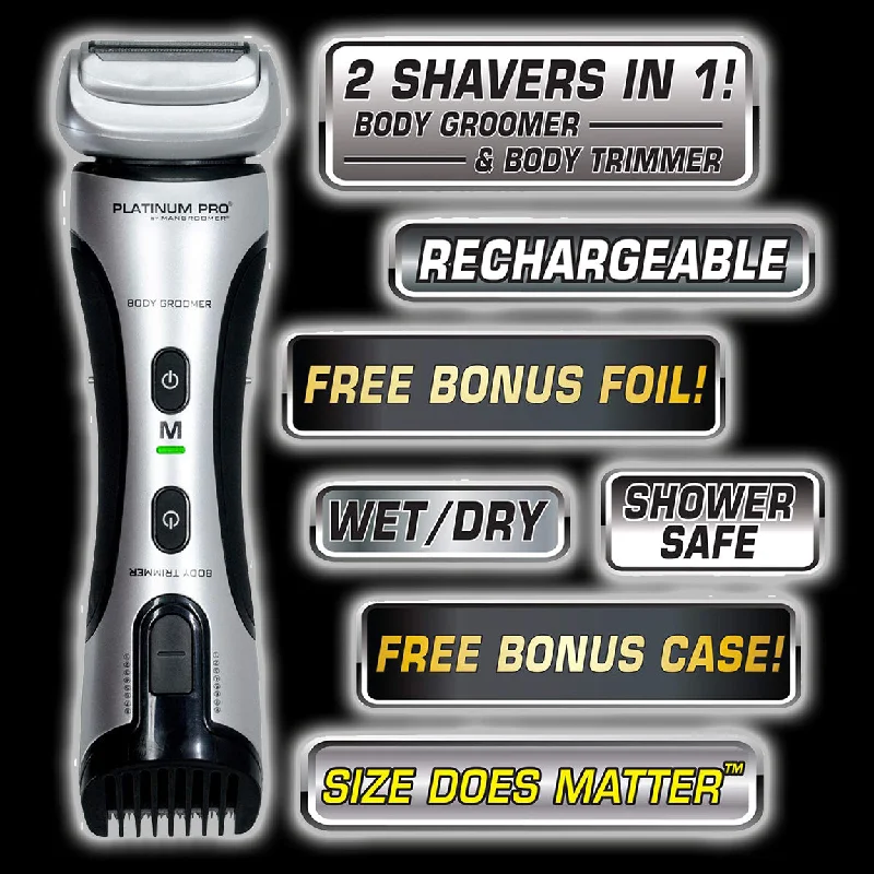 PLATINUM PRO by MANGROOMER - New Body Groomer, Ball Groomer and Body Trimmer with Lithium Max Battery, Bonus Extra Foil and Storage Case!