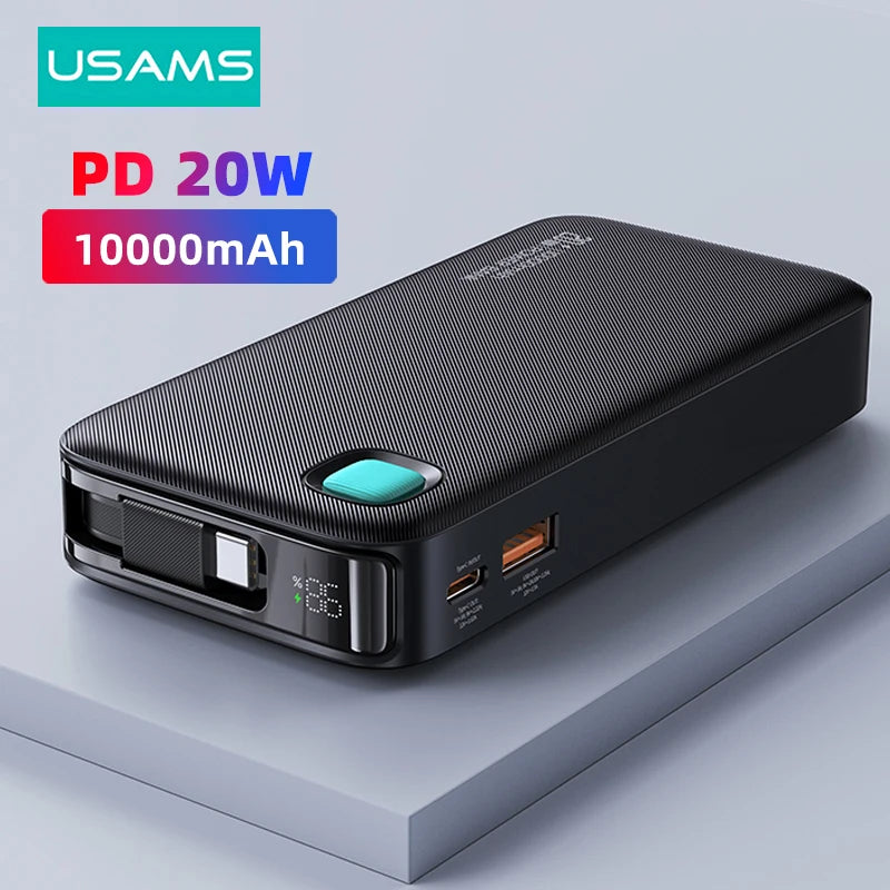USAMS 20W PD Power Bank 10000mAh with Retractable Cable - Fast Charging Portable External Battery Charger for Smartphones USAMS 20W PD Power Bank 10000mAh with Retractable Cable - Fast Charging Portable External Battery Charger for Smartphones