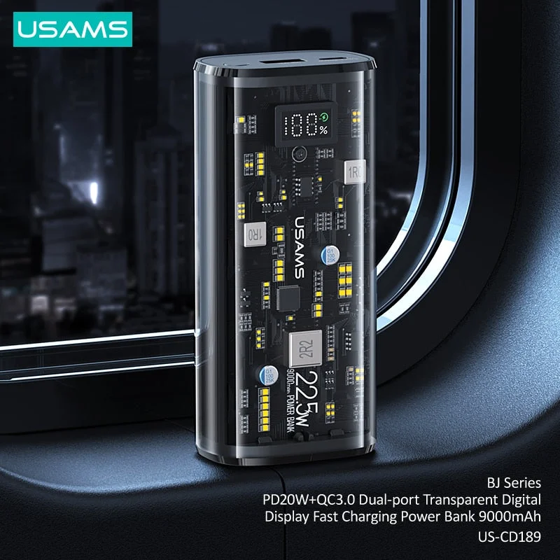 USAMS 9000mAh 20W Fast Charging Power Bank PD QC 3.0 Transparent Digital Display Powerbank External Battery For Samsung iPhone Huawei USAMS 9000mAh 20W Fast Charging Power Bank PD QC 3.0 Transparent Digital Display Powerbank External Battery For Samsung iPhone Huawei