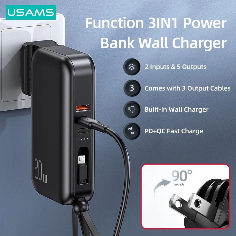 USAMS Power Bank 10000mAh With 20W PD Fast Charging Powerbank 3 In 1 Wall Charger With Cables US EU Plug For iPhone Samsung Huawei Phone USAMS Power Bank 10000mAh With 20W PD Fast Charging Powerbank 3 In 1 Wall Charger With Cables US EU Plug For iPhone Samsung Huawei Phone